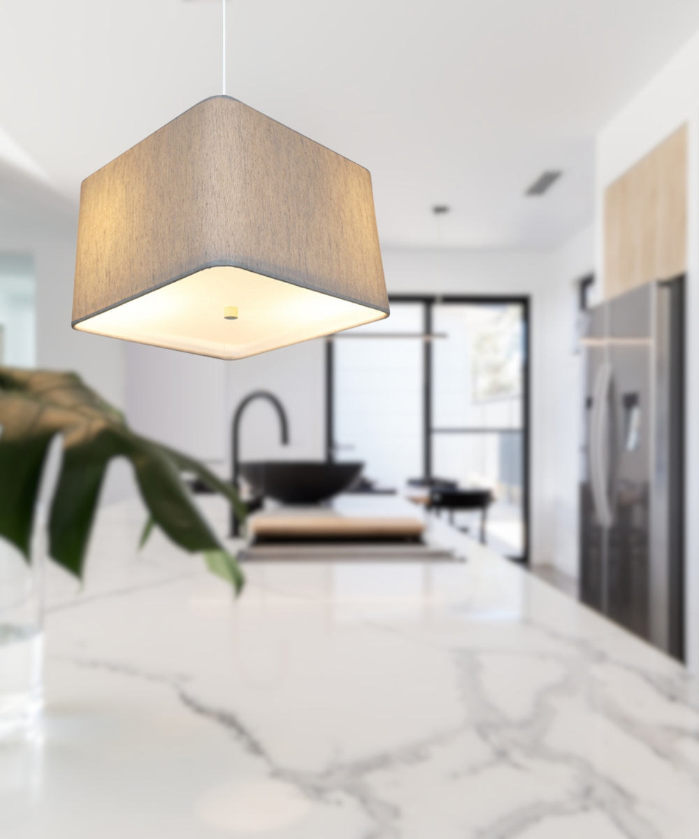 16" W 2 Light Pendant Rounded Corner Square Oatmeal Drum Shade with Diffuser, White Cord