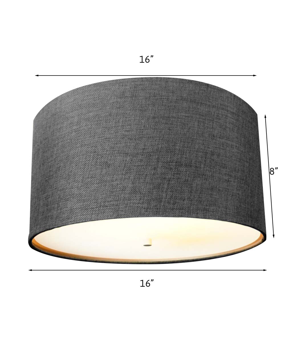 16"W Moderne Flush Mount Conversion Kit  Granite Gray Burlap Hardback Drum Lampshade