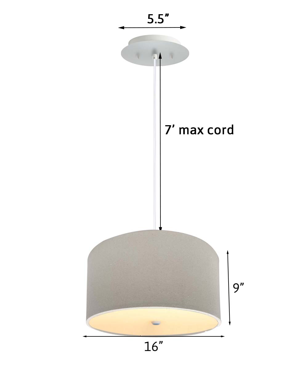 16" W 2 Light Pendant Light Oatmeal Linen Drum Shade with Diffuser, White Cord