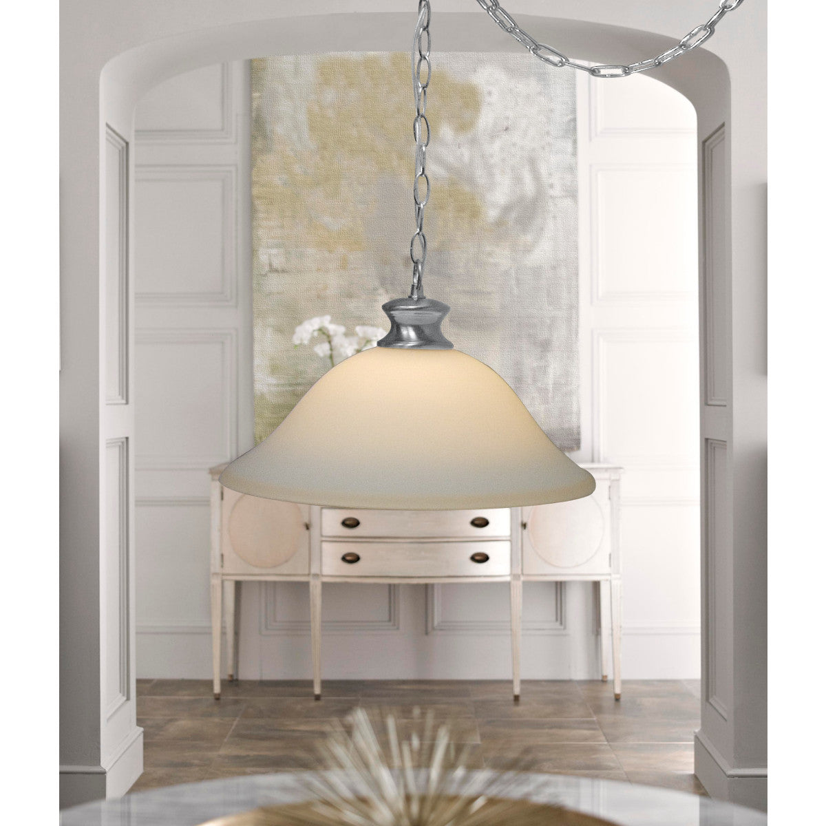 16"W Plug In Swag Milky White Glass Pendant Light Polished Nickel Finish