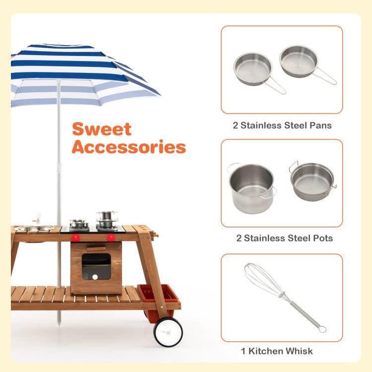 Kids Wooden Play Portable Cook Cart Set Navy/White Sun Proof Umbrella