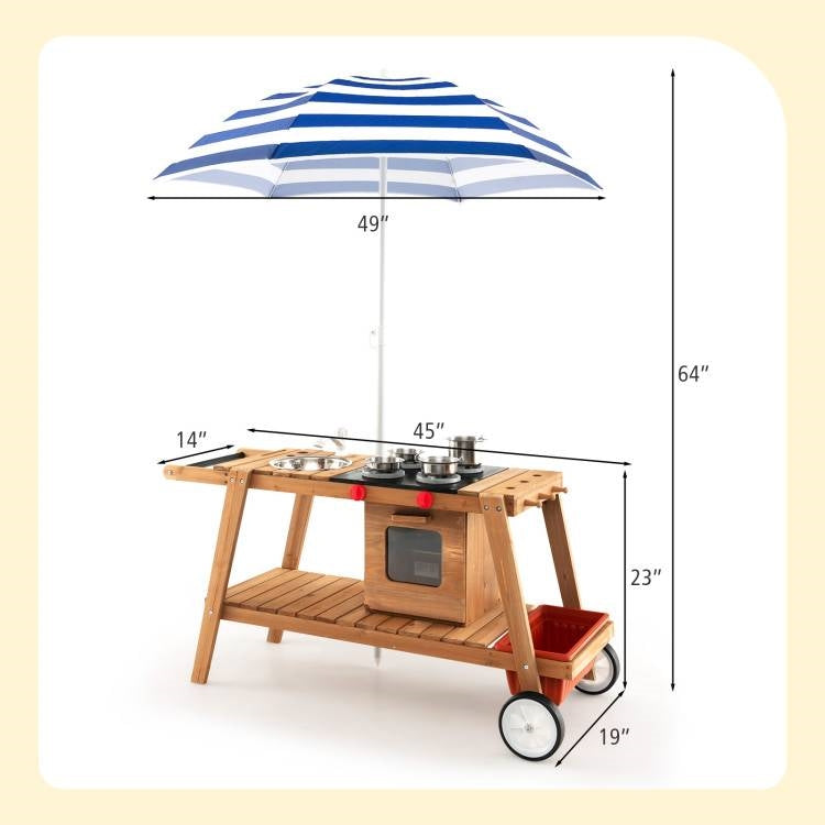 Kids Wooden Play Portable Cook Cart Set Navy/White Sun Proof Umbrella