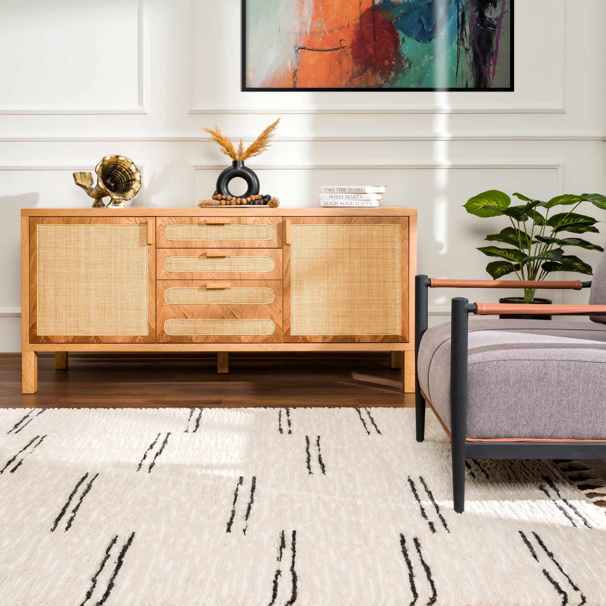 Riad Black Striped White Rug with Tassels