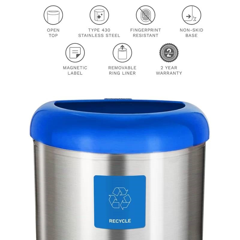 13-Gallon Stainless Steel Recycle Bin with Blue Open Top