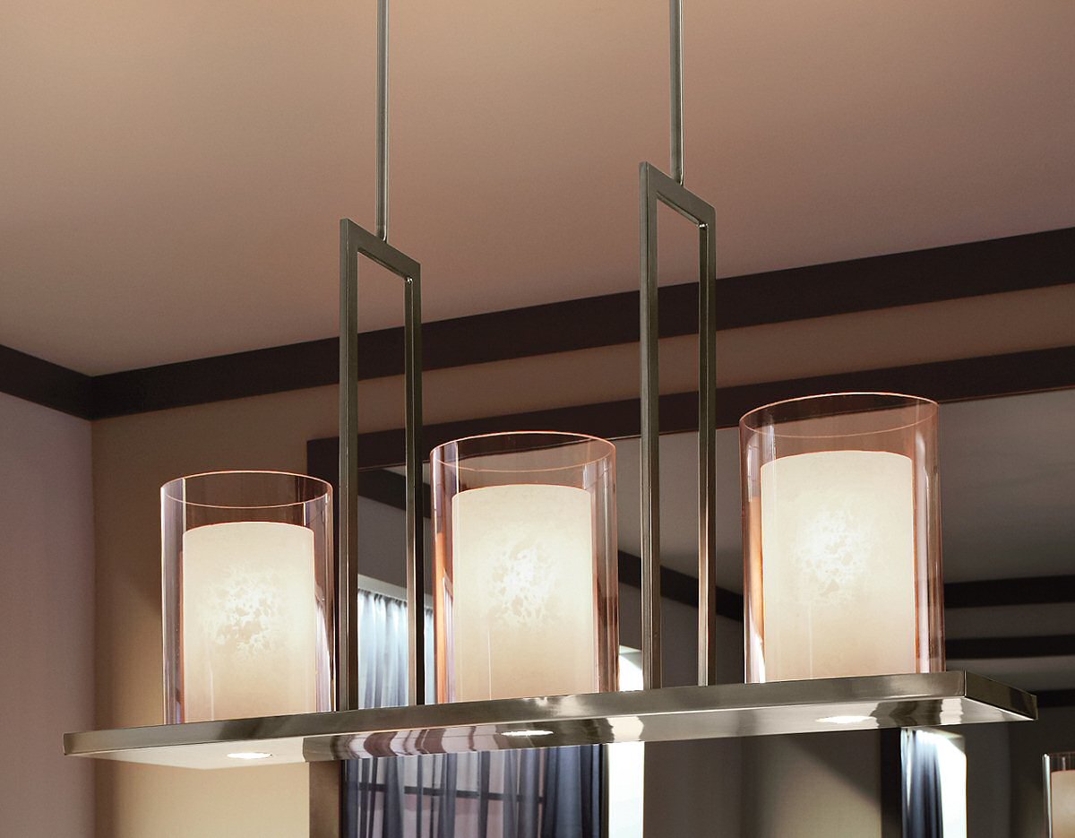 Triad 40"W 6-Light Classic Pewter Finish Clear Glass White Vetro Mica Shades Linear Chandelier by Kichler