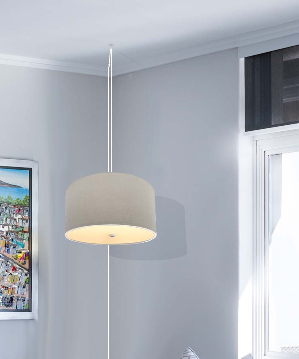 2 Light Swag Plug-In Pendant 16"w Light Oatmeal Linen Drum with Diffuser, White Cord