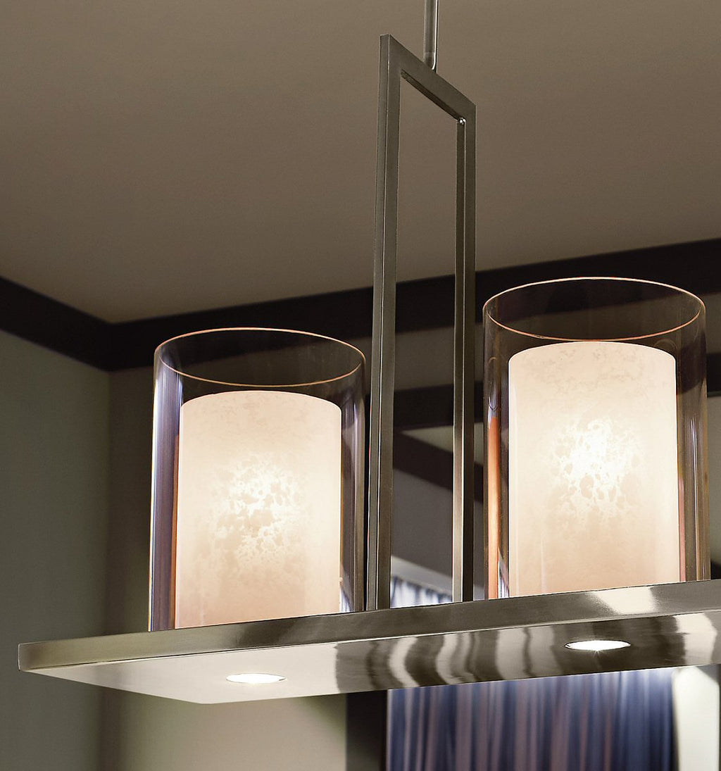 Triad 40"W 6-Light Classic Pewter Finish Clear Glass White Vetro Mica Shades Linear Chandelier by Kichler