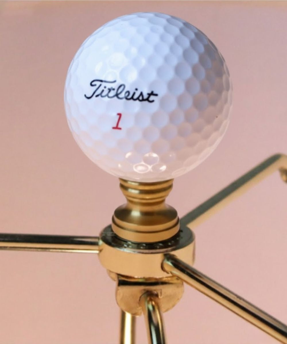 Golf Ball Lamp Finial, White, Polished Brass Base 2.25"h